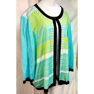 HTF Misook 3X Open Front graphic print knit jacket cardigan Yellow White Aqua